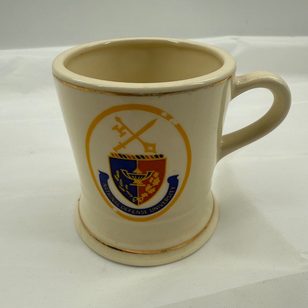 Vintage National Defense University Mug Beige Gold Trim Novelty Coffee Cup Retro